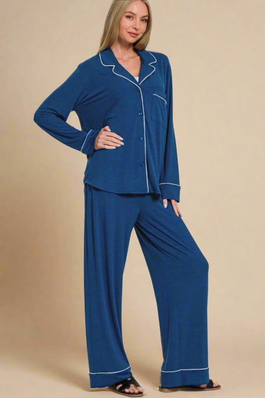 Zenana - Peacock Blue Button Down Long Sleeve Top & Pants Lounge Set