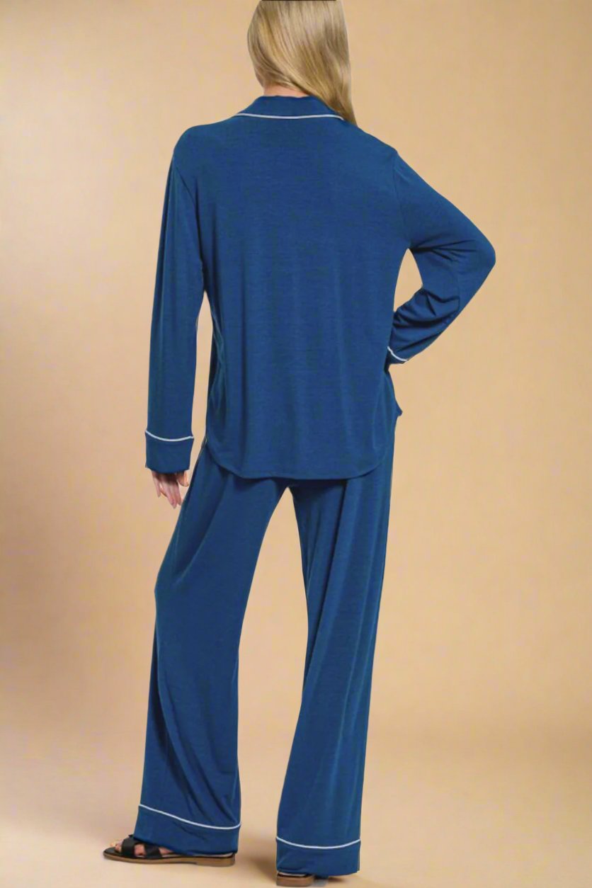 Zenana - Peacock Blue Button Down Long Sleeve Top & Pants Lounge Set