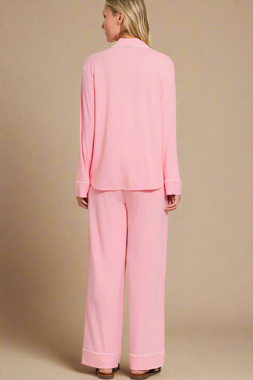 Zenana - Pink Button Down Long Sleeve Top & Pants Lounge Set