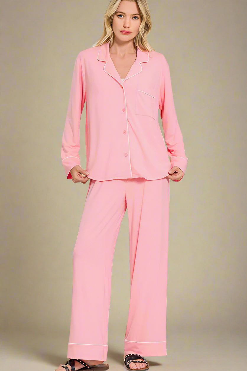 Zenana - Pink Button Down Long Sleeve Top & Pants Lounge Set