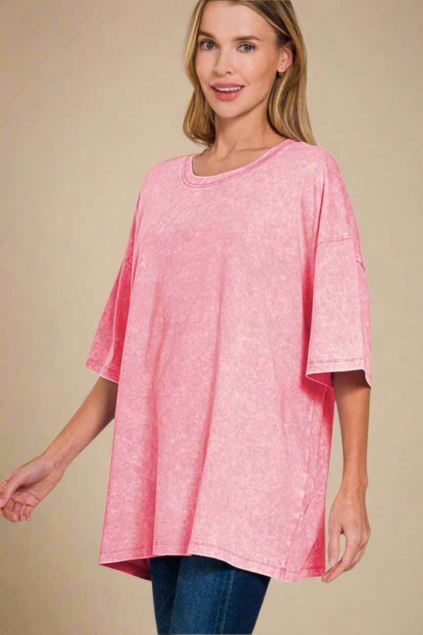 Zenana - Pink Oversized Washed Cotton T-Shirt