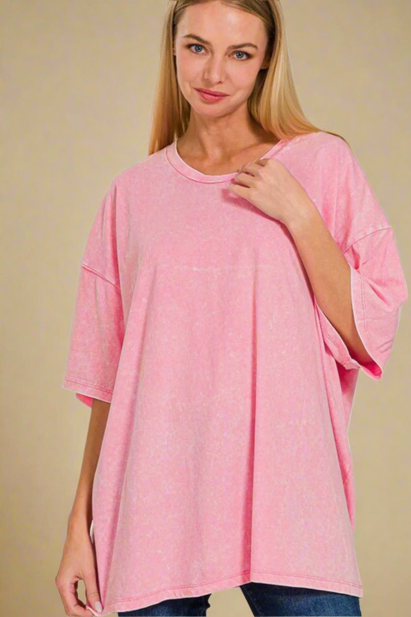 Zenana - Pink Oversized Washed Cotton T-Shirt