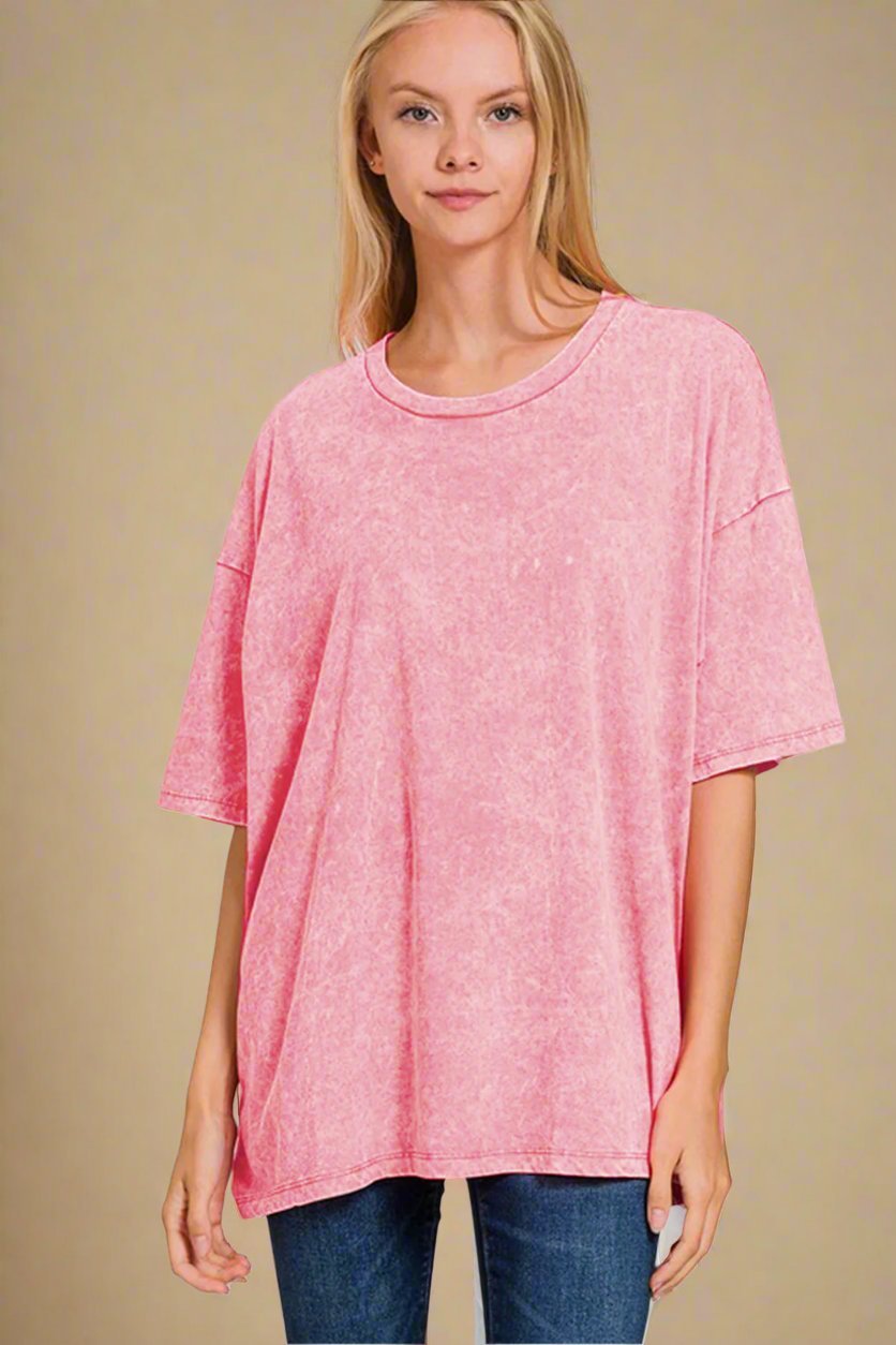 Zenana - Pink Oversized Washed Cotton T-Shirt