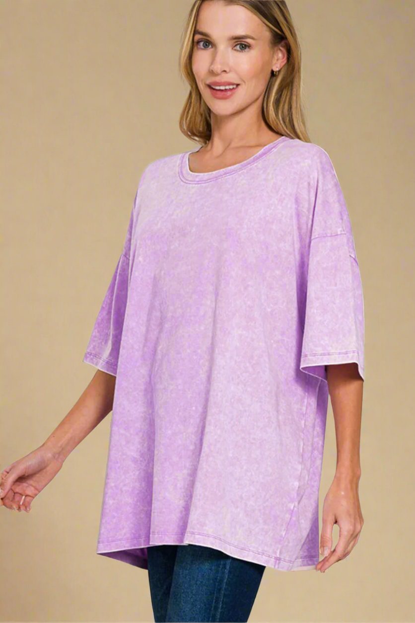 Zenana - Pink Purple Oversized Washed Cotton T-Shirt