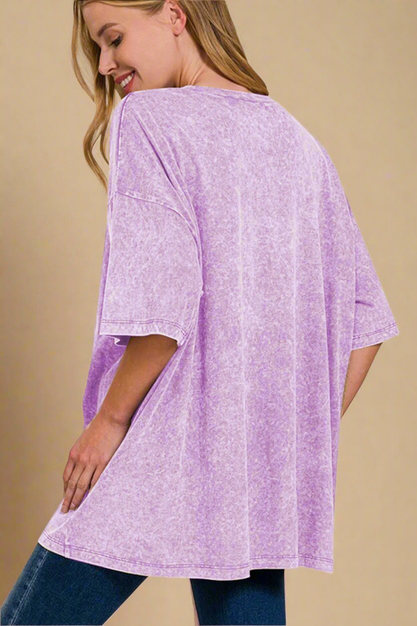 Zenana - Pink Purple Oversized Washed Cotton T-Shirt