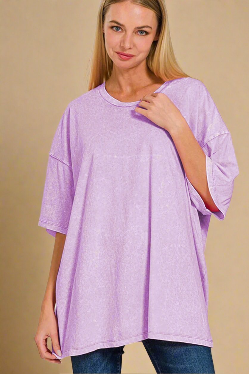 Zenana - Pink Purple Oversized Washed Cotton T-Shirt