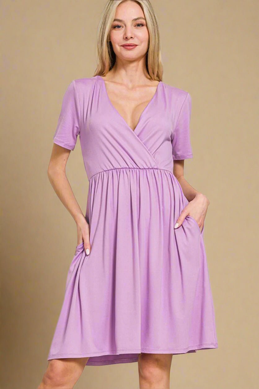 Zenana - Pink - Purple Short Sleeve Mini Faux Wrap Dress