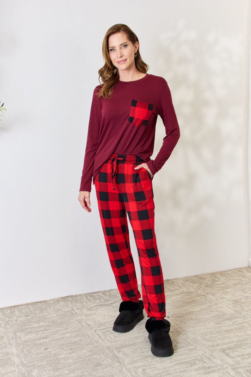 Zenana - Plaid Long Sleeve Top and Pants Pajama Set in Dark Burgundy