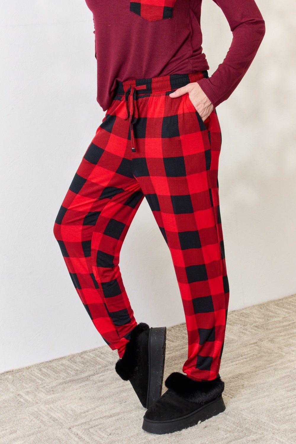 Zenana - Plaid Long Sleeve Top and Pants Pajama Set in Dark Burgundy