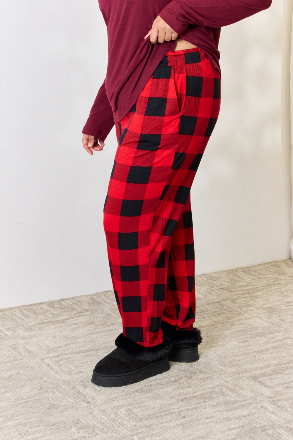 Zenana - Plaid Long Sleeve Top and Pants Pajama Set in Dark Burgundy