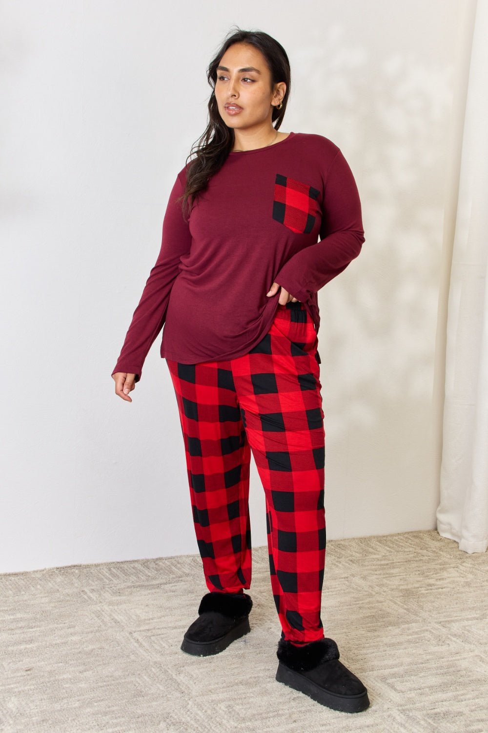 Zenana - Plaid Long Sleeve Top and Pants Pajama Set in Dark Burgundy