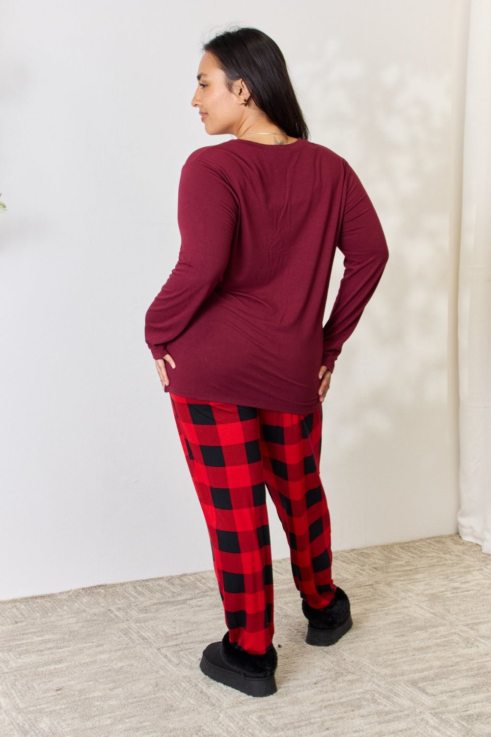 Zenana - Plaid Long Sleeve Top and Pants Pajama Set in Dark Burgundy