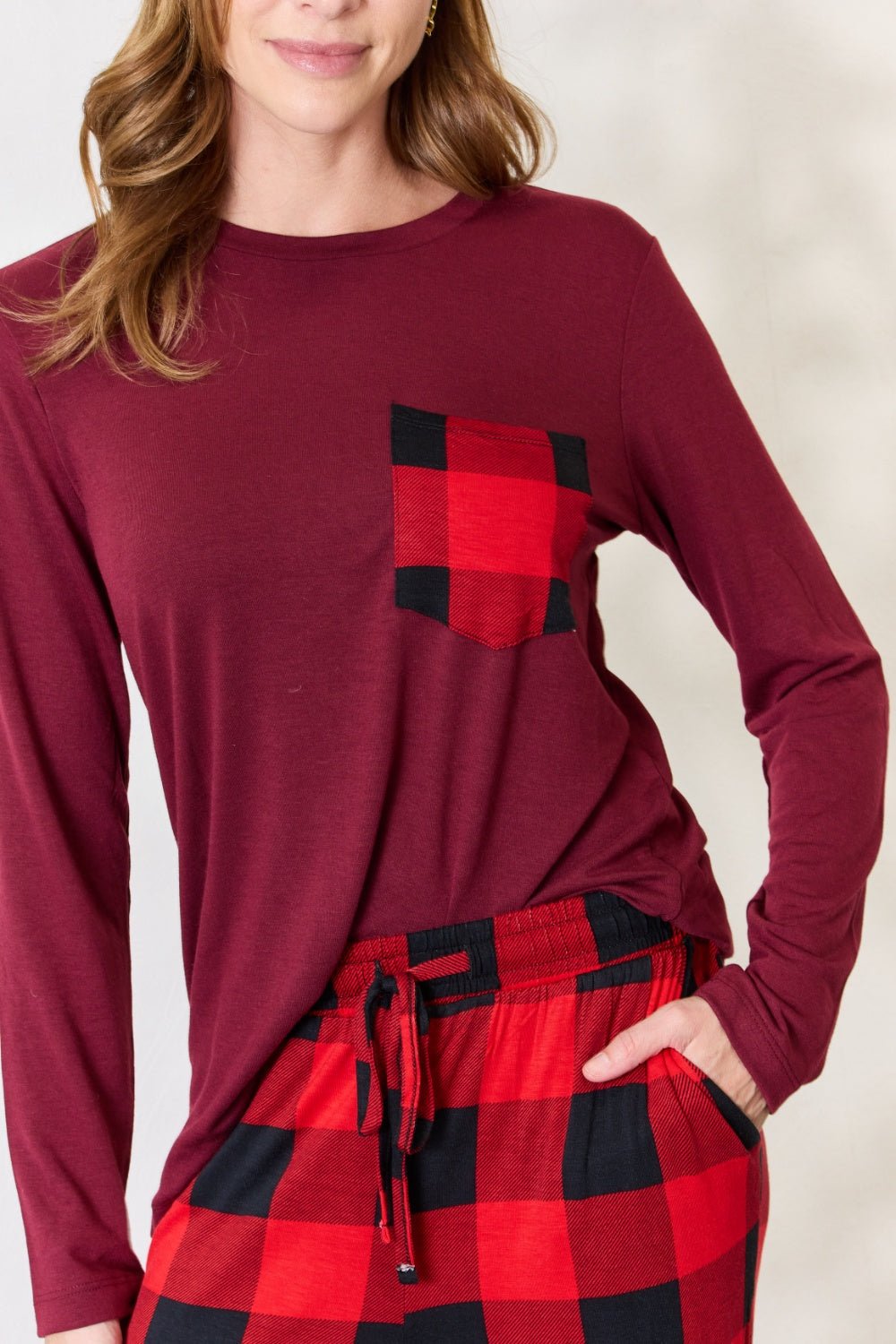 Zenana - Plaid Long Sleeve Top and Pants Pajama Set in Dark Burgundy