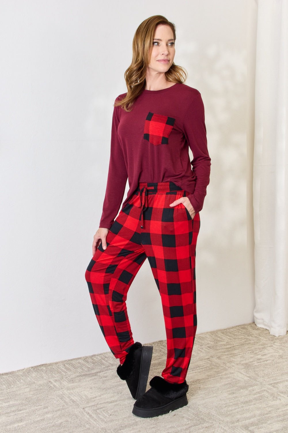 Zenana - Plaid Long Sleeve Top and Pants Pajama Set in Dark Burgundy