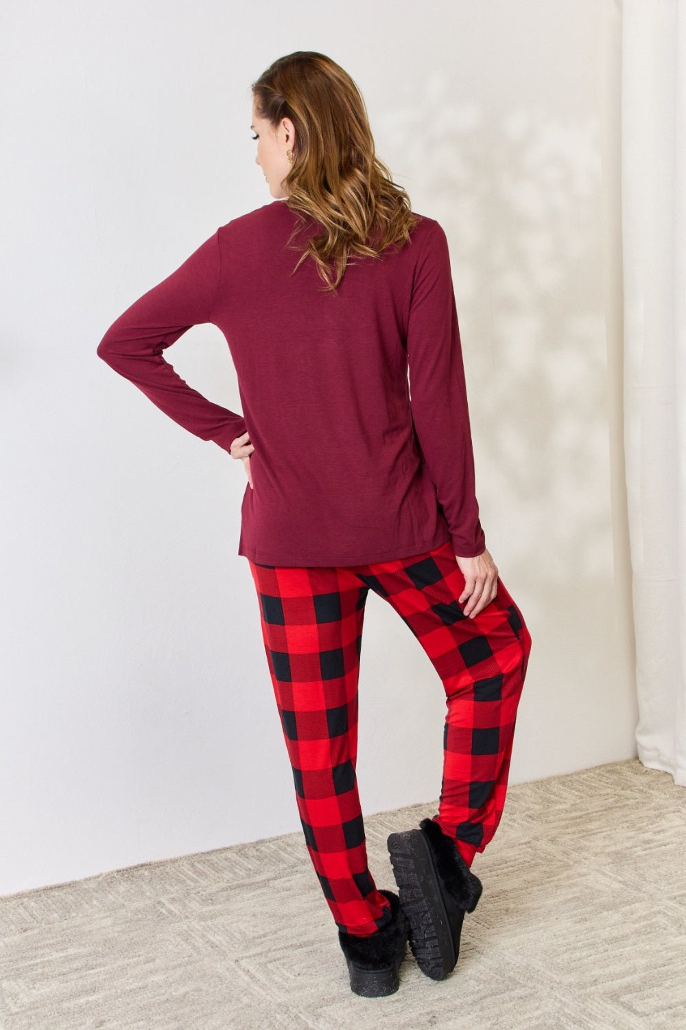 Zenana - Plaid Long Sleeve Top and Pants Pajama Set in Dark Burgundy