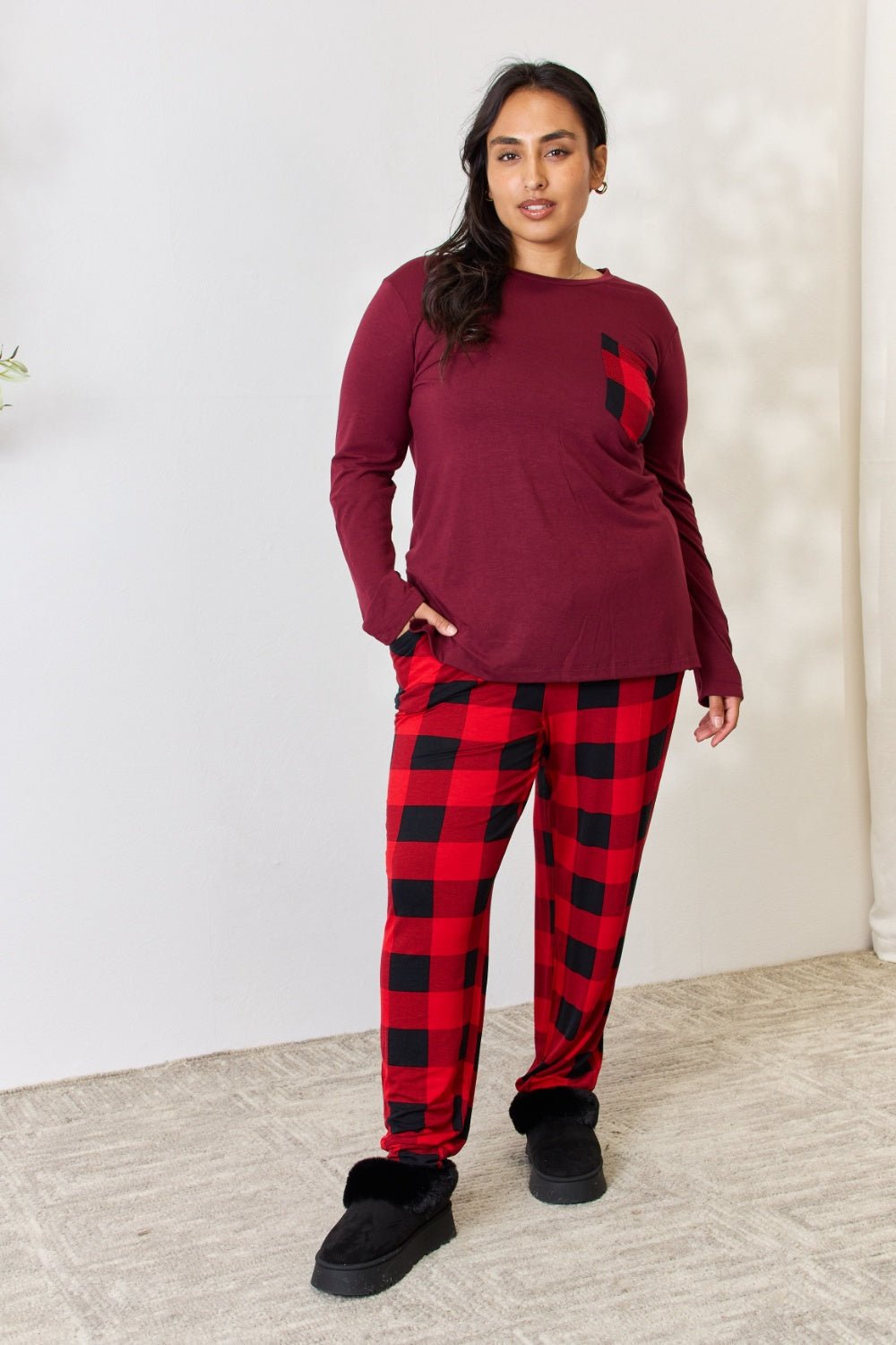 Zenana - Plaid Long Sleeve Top and Pants Pajama Set in Dark Burgundy