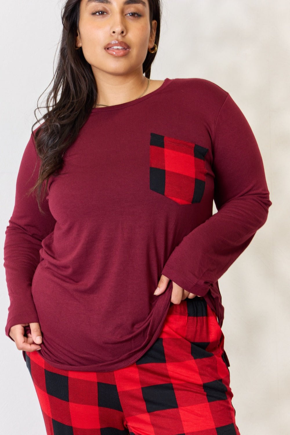 Zenana - Plaid Long Sleeve Top and Pants Pajama Set in Dark Burgundy