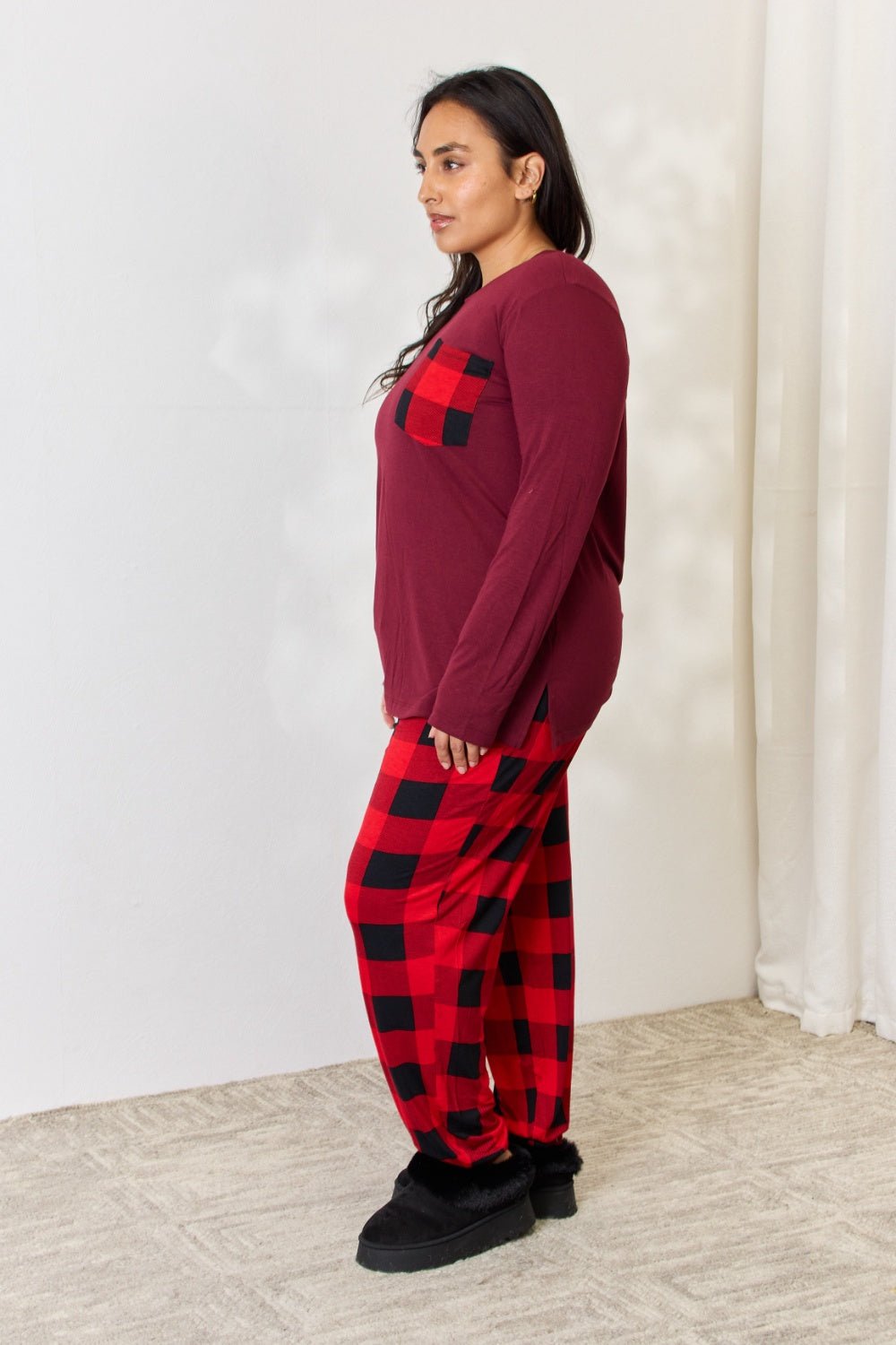 Zenana - Plaid Long Sleeve Top and Pants Pajama Set in Dark Burgundy