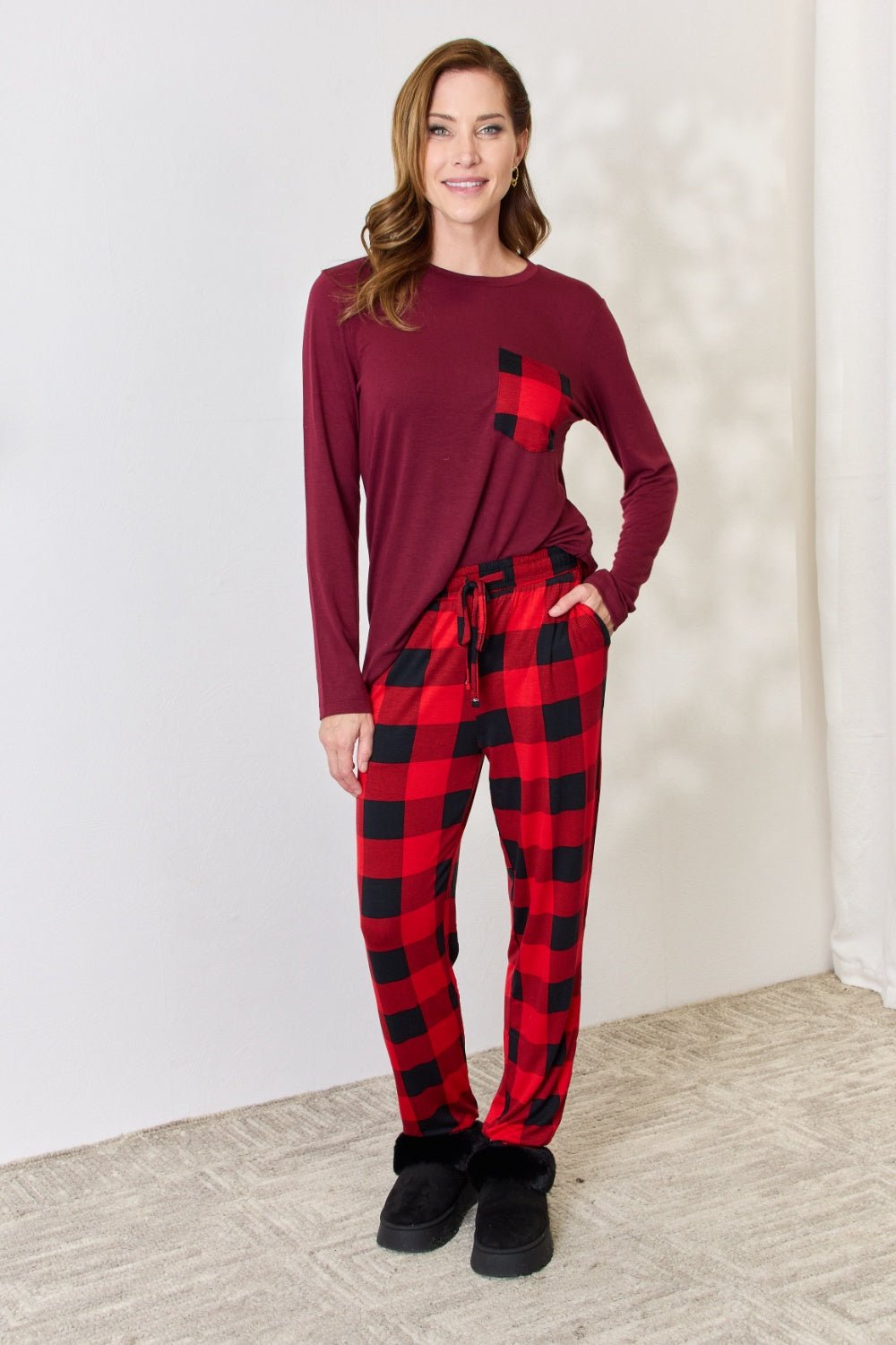 Zenana - Plaid Long Sleeve Top and Pants Pajama Set in Dark Burgundy