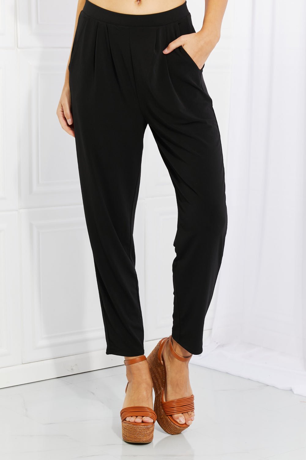 Zenana - Pleated High Waist Pants in Black