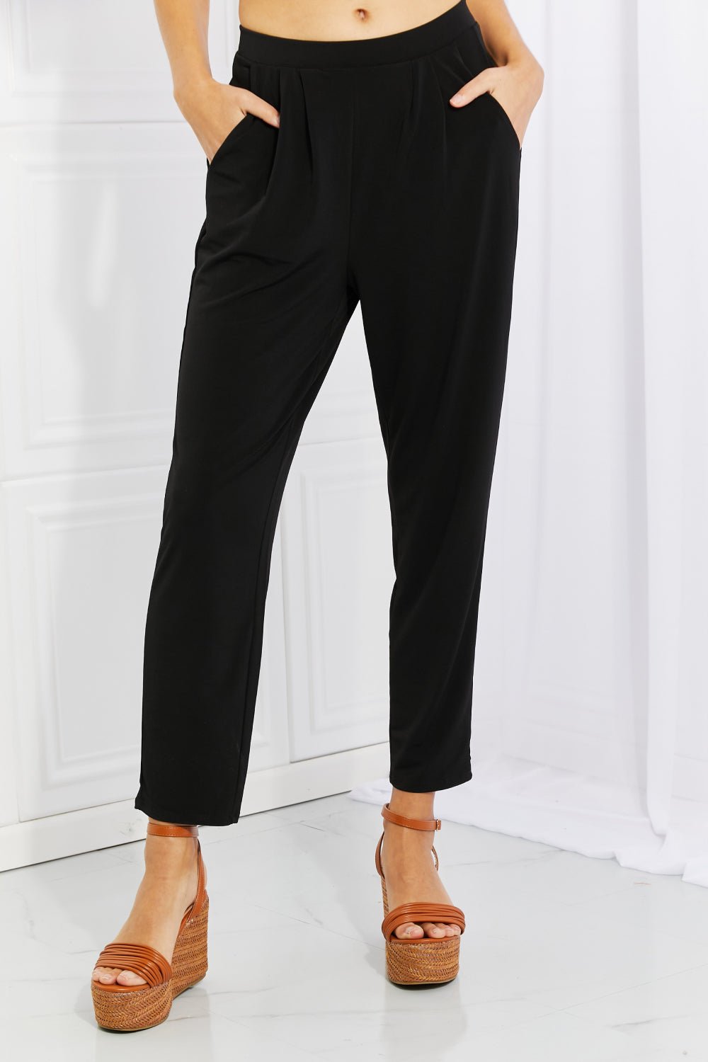 Zenana - Pleated High Waist Pants in Black