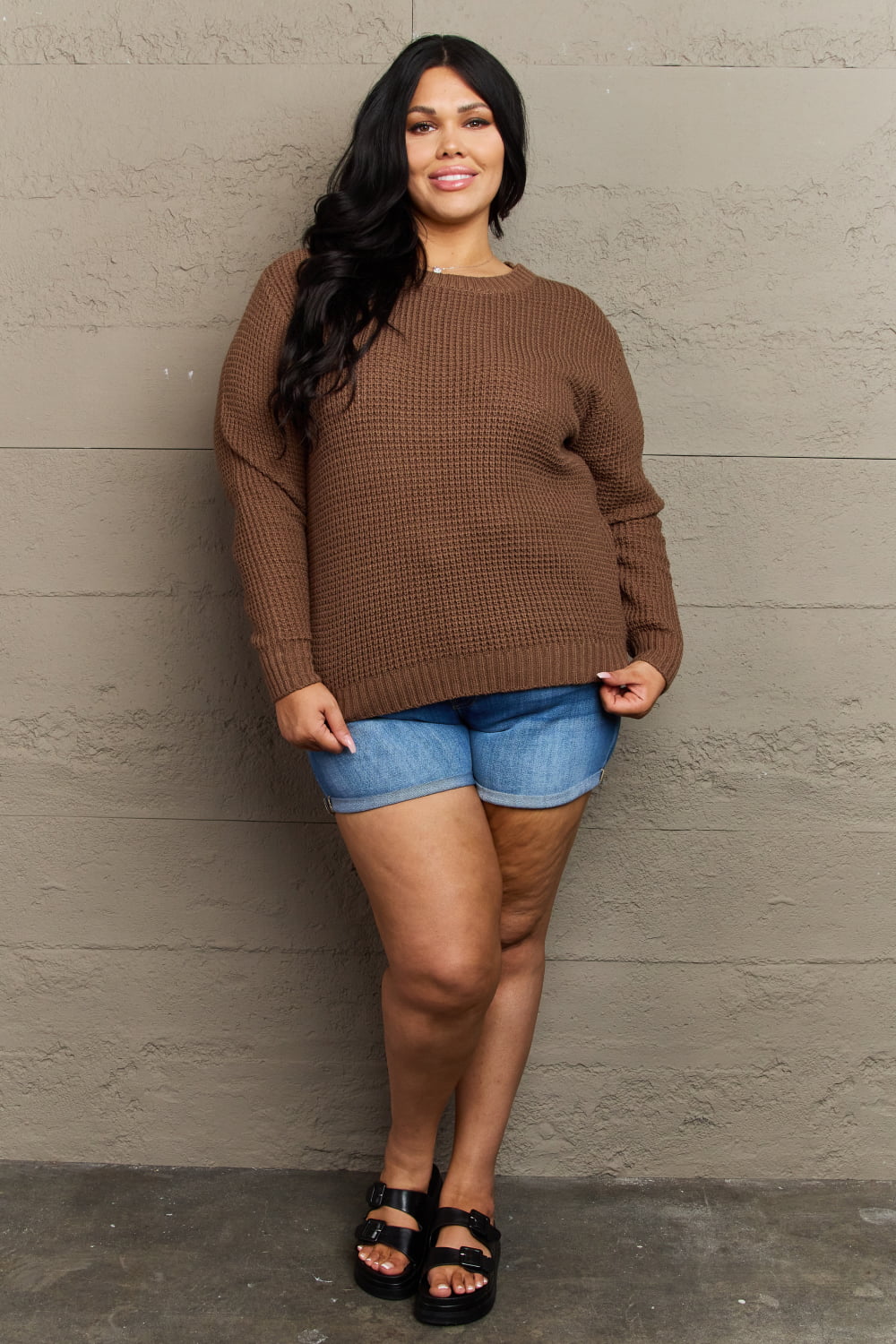 Zenana - Plus Size Brown Waffle Knit Sweater