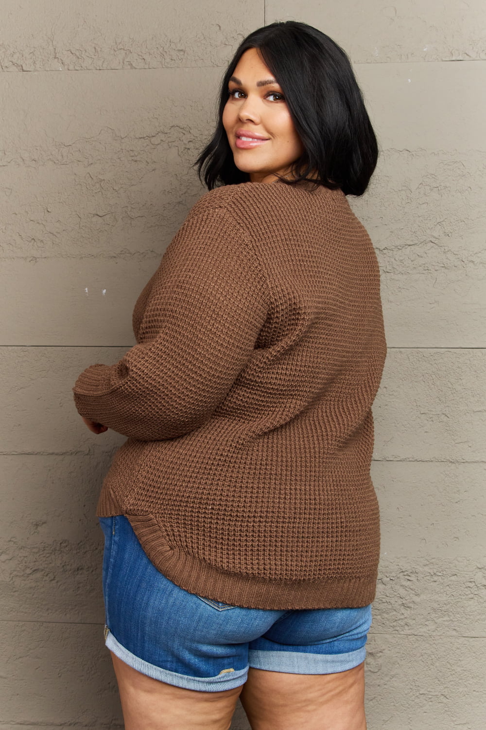 Zenana - Plus Size Brown Waffle Knit Sweater