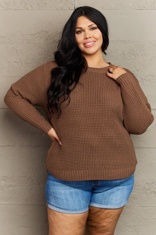 Zenana - Plus Size Brown Waffle Knit Sweater