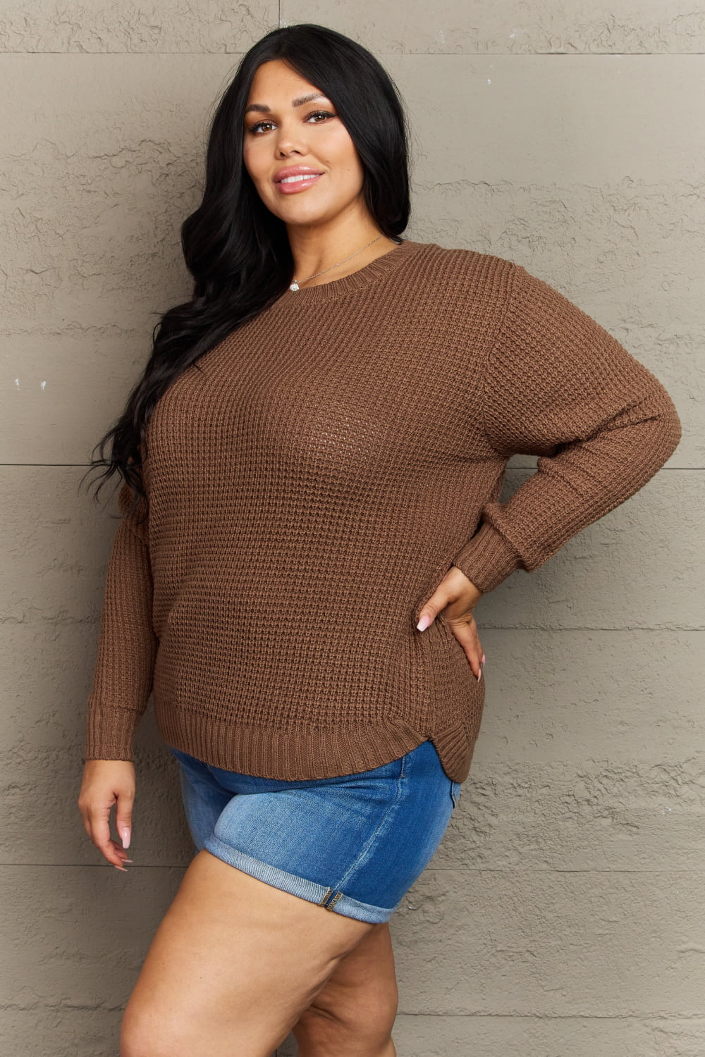 Zenana - Plus Size Brown Waffle Knit Sweater