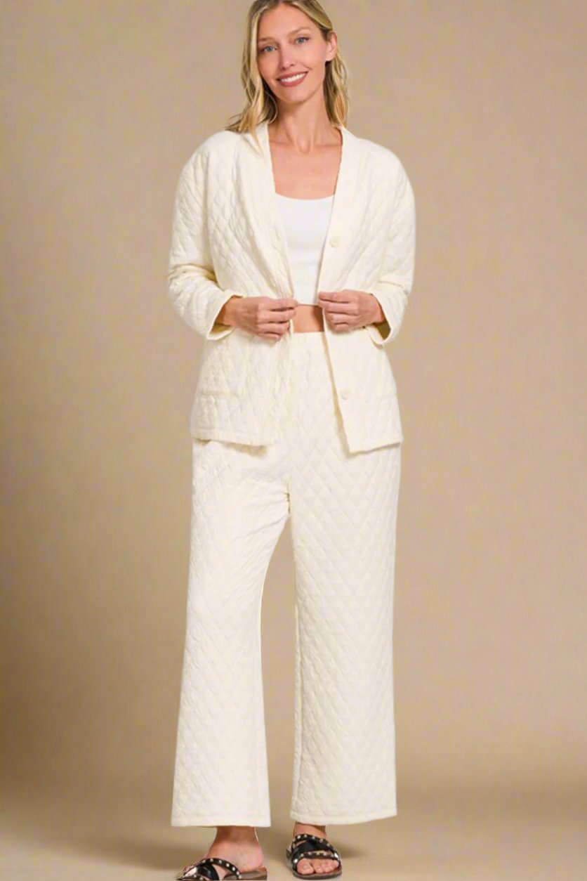 Zenana - Quilted Long Sleeve Top & Pants Lounge Set in Cream