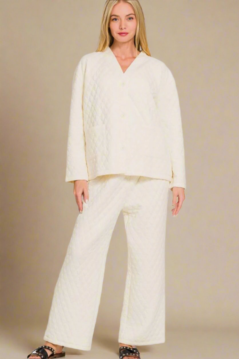 Zenana - Quilted Long Sleeve Top & Pants Lounge Set in Cream