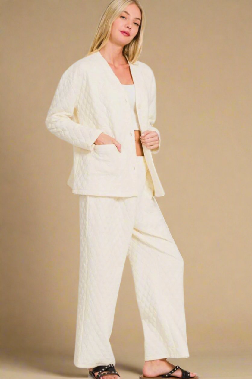 Zenana - Quilted Long Sleeve Top & Pants Lounge Set in Cream