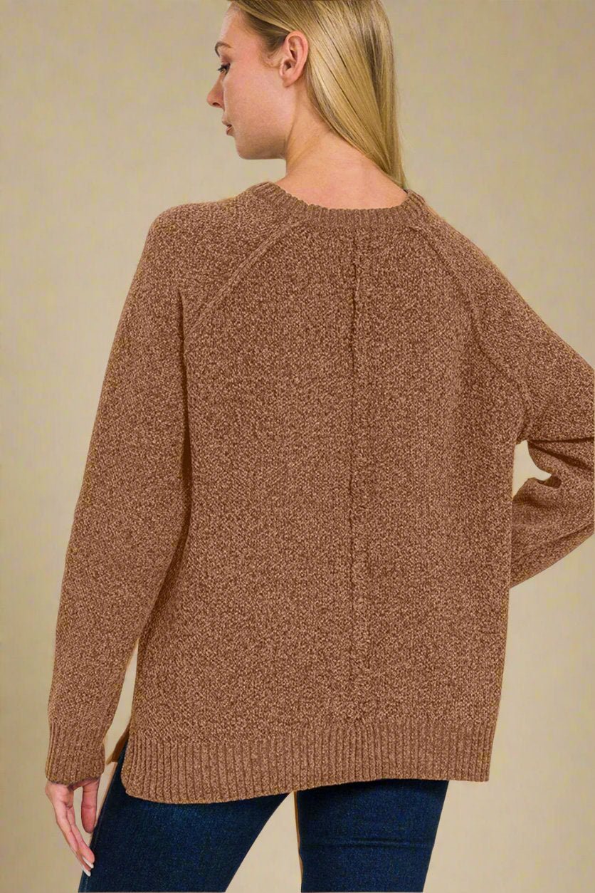 Zenana - Raglan Sleeve Tunic Sweater in Deep Camel