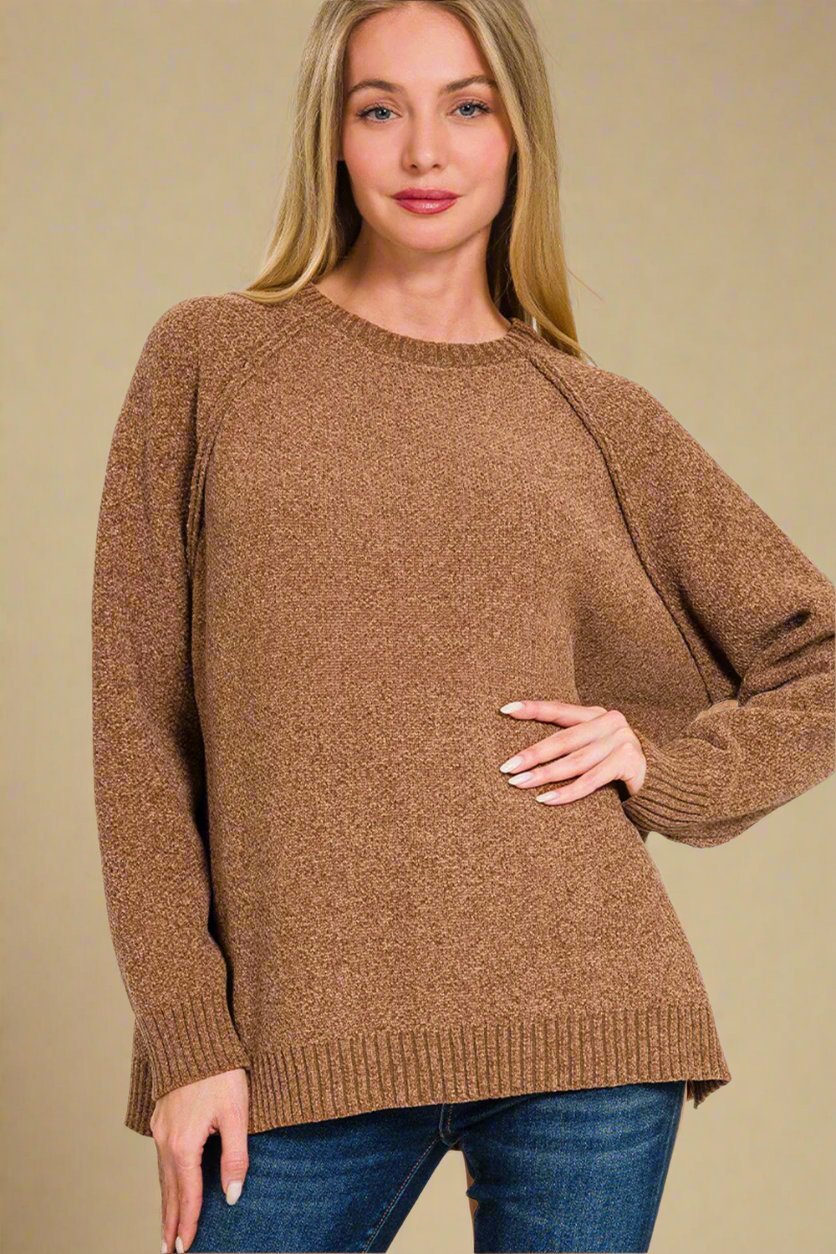 Zenana - Raglan Sleeve Tunic Sweater in Deep Camel