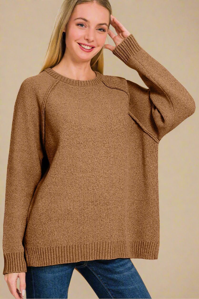 Zenana - Raglan Sleeve Tunic Sweater in Deep Camel