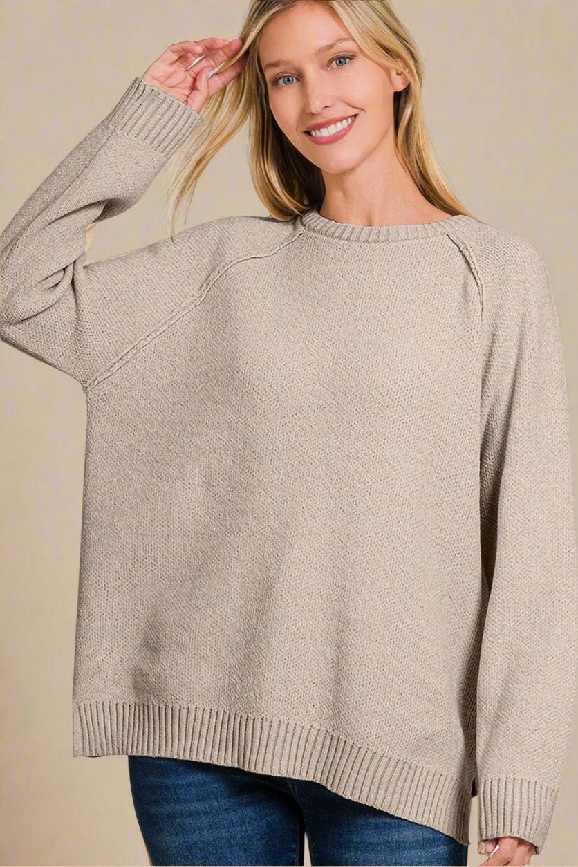 Zenana - Raglan Sleeve Tunic Sweater in Light Mocha