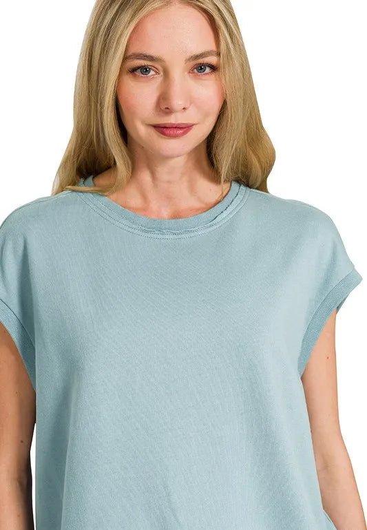 Zenana - Raw Edge French Terry Top – Dusty Aqua
