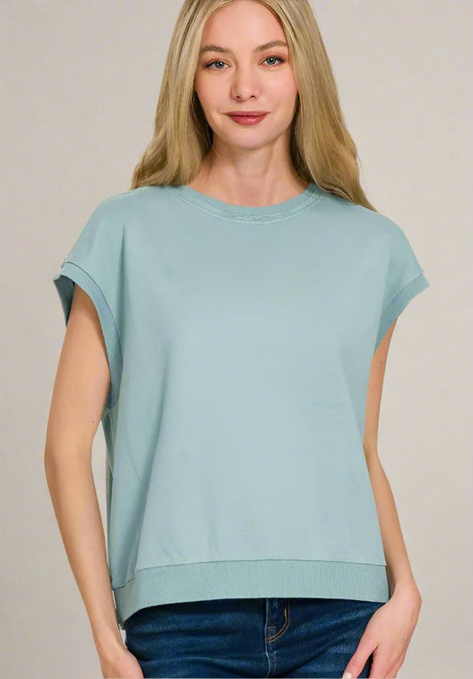 Zenana - Raw Edge French Terry Top – Dusty Aqua