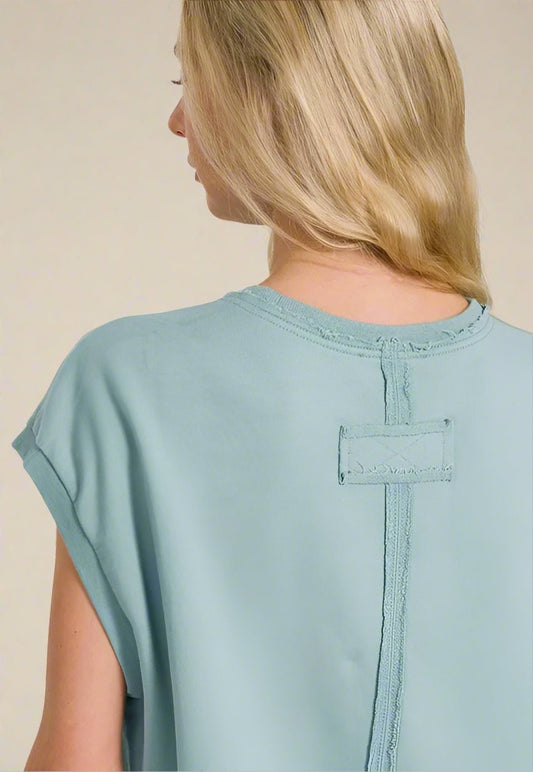 Zenana - Raw Edge French Terry Top – Dusty Aqua