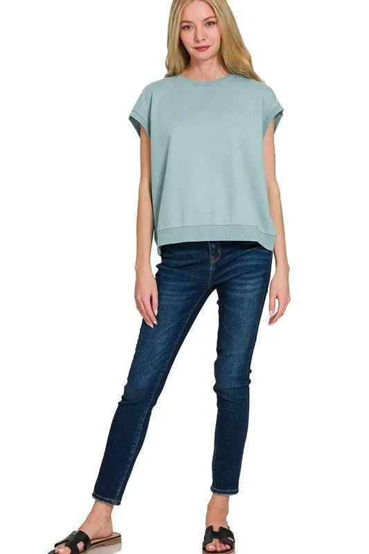Zenana - Raw Edge French Terry Top – Dusty Aqua