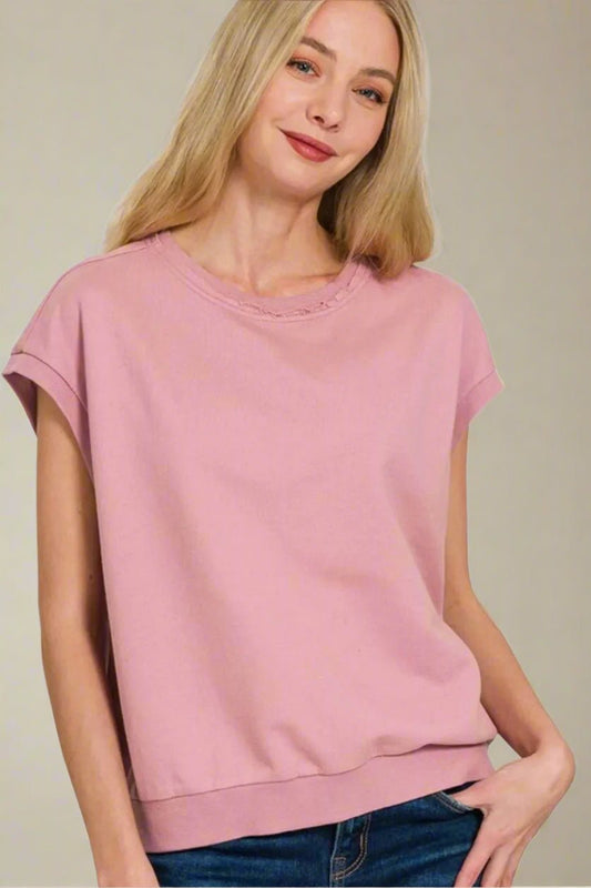 Zenana - Raw Edge French Terry Top – Dusty Rose