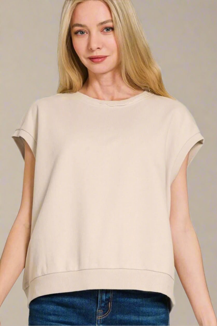 Zenana - Raw Edge French Terry Top – Soft Sand