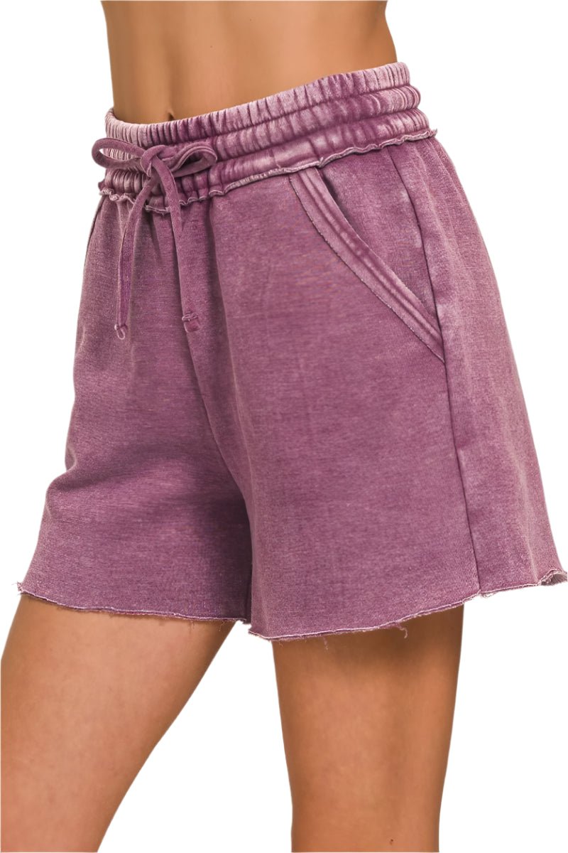 Zenana - Raw Hem Drawstring Shorts – Washed Berry Plum