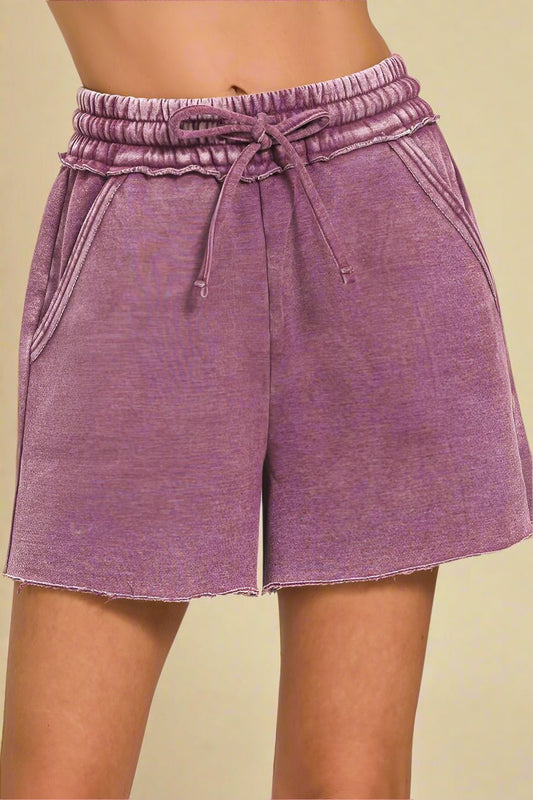 Zenana - Raw Hem Drawstring Shorts – Washed Berry Plum