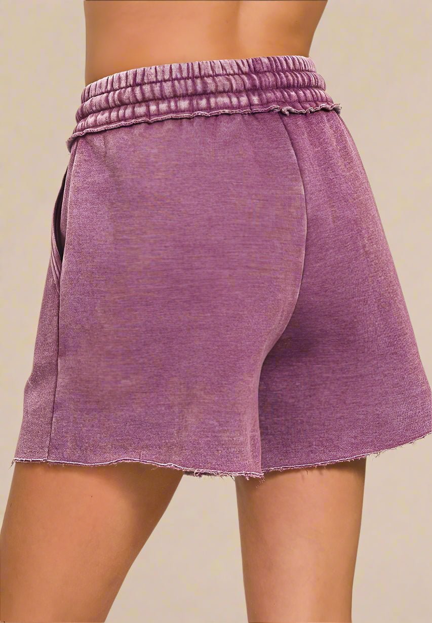 Zenana - Raw Hem Drawstring Shorts – Washed Berry Plum