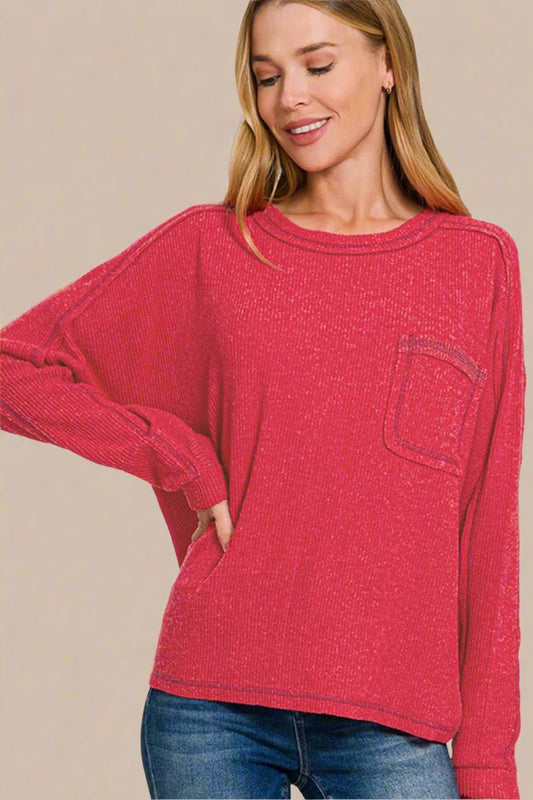 Zenana - Red Contrast Stitching Hacci Knit Top