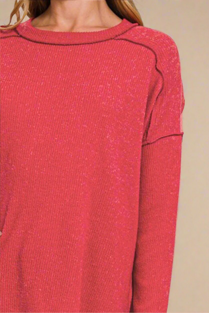 Zenana - Red Exposed Seams Brushed Sweater