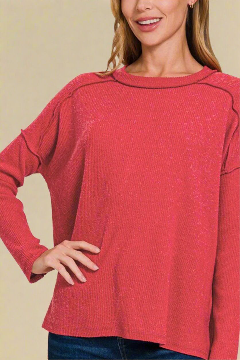 Zenana - Red Exposed Seams Brushed Sweater