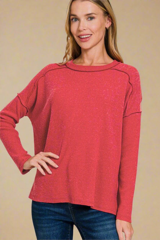 Zenana - Red Exposed Seams Brushed Sweater