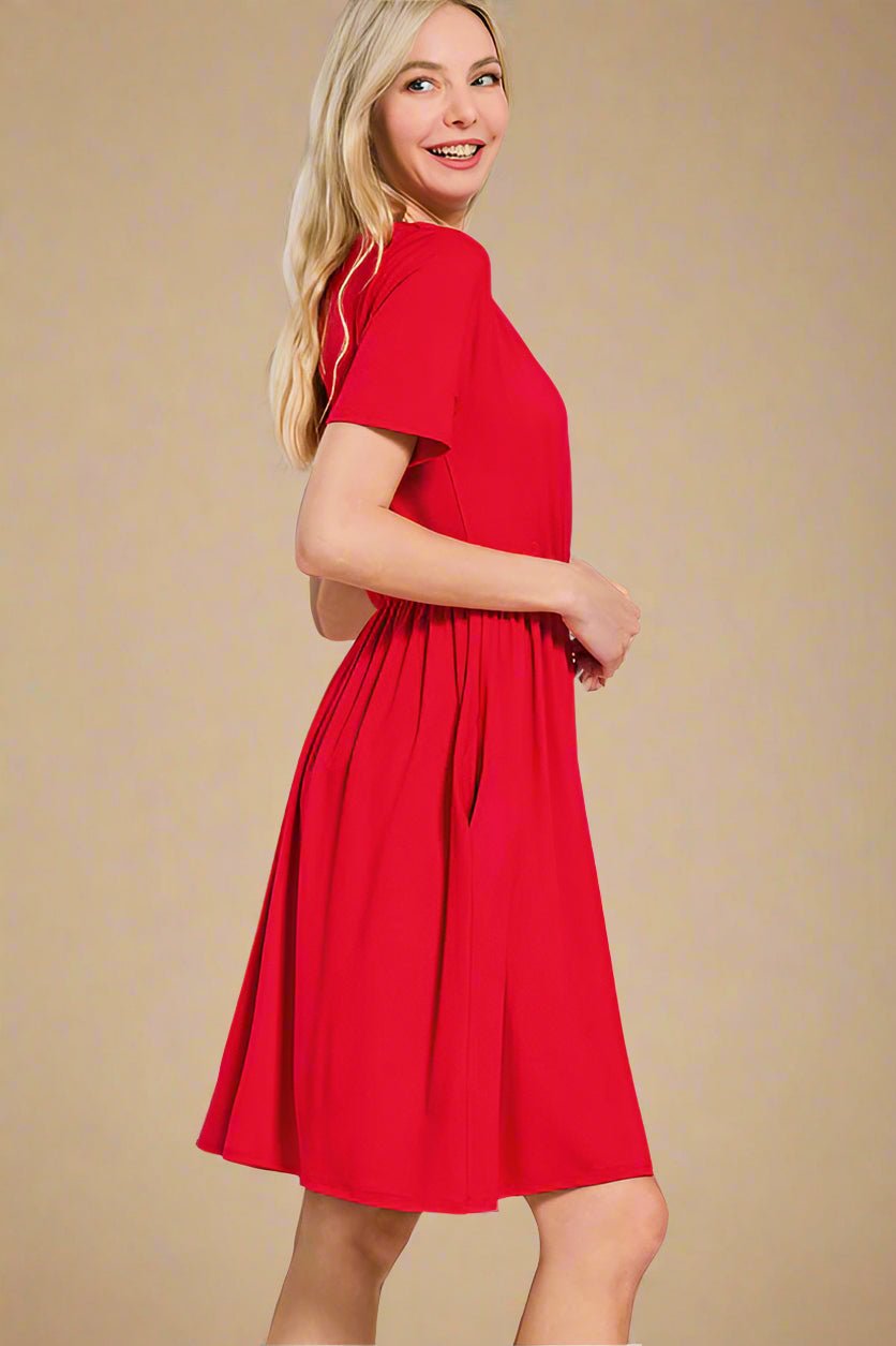 Zenana - Red Short Sleeve Mini Faux Wrap Dress